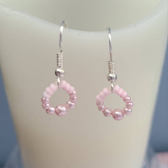 Handmade Brass-, Silver-Toned Light Pink Faux Pearl Bracelet Earrings - Picture 2 of 6